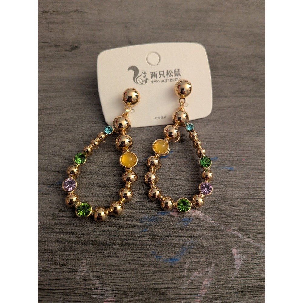 Two Squirrels Gold Beaded Teardrop Earrings Colorful Rhinestone Drop S925 Post